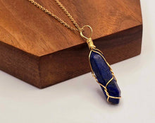 Load image into Gallery viewer, Elegant Gold Wire Wrapped Lapis Lazuli Point Necklace - Stunning 18-Inch