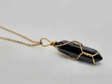 Load image into Gallery viewer, Black Obsidean Point Necklace Wire wrapped Genuine Gold Tone