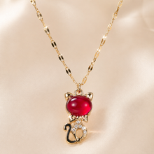 Load image into Gallery viewer, Red Kitten Necklace, Gold Tone Cat Pendant with Crystal Accents, 18 Inch Adjustable Stainless Steel Jewelry Gift for Cat Lover