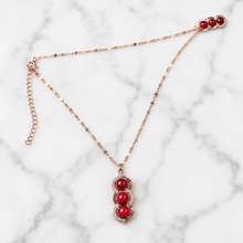 Load image into Gallery viewer, Triple Red Stone Necklace, Gold Tone Stainless Steel, Clear Crystal Pendant, 18 Inch Adjustable Jewelry Gift for Her