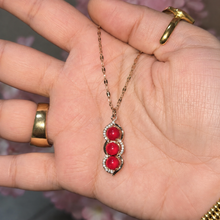 Load image into Gallery viewer, Triple Red Stone Necklace, Gold Tone Stainless Steel, Clear Crystal Pendant, 18 Inch Adjustable Jewelry Gift for Her