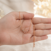 Load image into Gallery viewer, Rose Gold Angel Wings Necklace, Round Moissanite Crown Pendant, Dainty 18-Inch Adjustable Chain, Celestial Gift for Her