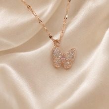 Load image into Gallery viewer, Rose Gold Butterfly Necklace, Pink and Clear Moissanite Pendant, Dainty 18-Inch Adjustable Chain, Minimalist Gift for Her