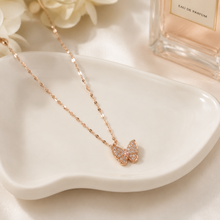 Load image into Gallery viewer, Rose Gold Butterfly Necklace, Pink and Clear Moissanite Pendant, Dainty 18-Inch Adjustable Chain, Minimalist Gift for Her