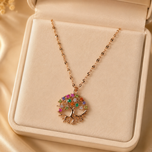 Load image into Gallery viewer, Rose Gold Tree of Life Necklace, Colorful Cubic Zirconia Pendant, Stainless Steel, 18 Inch Adjustable Meaningful Gift