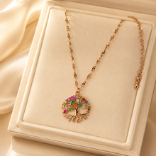 Load image into Gallery viewer, Rose Gold Tree of Life Necklace, Colorful Cubic Zirconia Pendant, Stainless Steel, 18 Inch Adjustable Meaningful Gift