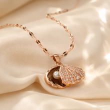 Load image into Gallery viewer, Rose Gold Shell Pearl Necklace, Openable Seashell Pendant, Cubic Zirconia Stainless Steel, 18 Inch Adjustable Gift for Her