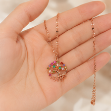 Load image into Gallery viewer, Rose Gold Tree of Life Necklace, Colorful Cubic Zirconia Pendant, Stainless Steel, 18 Inch Adjustable Meaningful Gift