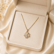 Load image into Gallery viewer, Gold Pinwheel Flower Necklace, Sparkling Crystal Pendant, 18 Inch Adjustable Chain, Elegant Gift for Her