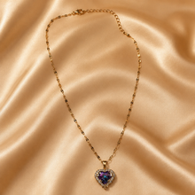 Load image into Gallery viewer, Purple Heart Necklace, Iridescent Crystal Pendant, Gold Tone Stainless Steel, 18 Inch Adjustable Gift for Her
