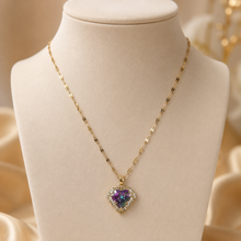 Load image into Gallery viewer, Purple Heart Necklace, Iridescent Crystal Pendant, Gold Tone Stainless Steel, 18 Inch Adjustable Gift for Her