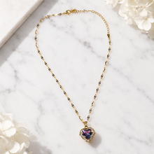 Load image into Gallery viewer, Purple Heart Necklace, Iridescent Crystal Pendant, Gold Tone Stainless Steel, 18 Inch Adjustable Gift for Her