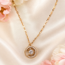 Load image into Gallery viewer, Gold Circle Pendant Necklace, Clear CZ Halo, 18 Inch Adjustable Stainless Steel Necklace, Elegant Gift for Her