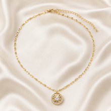 Load image into Gallery viewer, Gold Circle Pendant Necklace, Clear CZ Halo, 18 Inch Adjustable Stainless Steel Necklace, Elegant Gift for Her