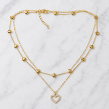 Load image into Gallery viewer, Layered Heart Necklace, Gold Stainless Steel, Crystal Open Heart Pendant, Double Chain, 18 Inch Adjustable Gift for Her