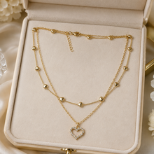 Load image into Gallery viewer, Layered Heart Necklace, Gold Stainless Steel, Crystal Open Heart Pendant, Double Chain, 18 Inch Adjustable Gift for Her