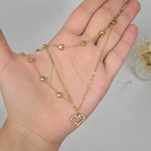 Load image into Gallery viewer, Layered Heart Necklace, Gold Stainless Steel, Crystal Open Heart Pendant, Double Chain, 18 Inch Adjustable Gift for Her