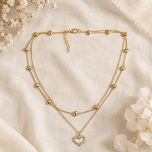 Load image into Gallery viewer, Layered Heart Necklace, Gold Stainless Steel, Crystal Open Heart Pendant, Double Chain, 18 Inch Adjustable Gift for Her