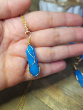 Load image into Gallery viewer, Gold tone Blue Apatite Wire wrapped Crystal Necklace