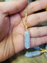 Load image into Gallery viewer, Gold tone Blue Chalcedony Wire wrapped Crystal Necklace