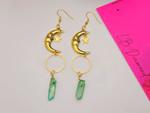 Load image into Gallery viewer, Green Celestial Aura Quartz Earrings Handmade, Moon & stars