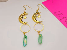 Load image into Gallery viewer, Green Celestial Aura Quartz Earrings Handmade, Moon & stars