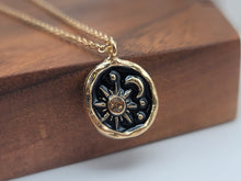 Load image into Gallery viewer, Sun and Moon necklace, 18mm gold plated pewter charm, Necklace