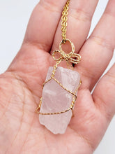 Load image into Gallery viewer, Natural Crystal Raw Wire Wrapped Gold Necklace Rose Quartz, Love stone