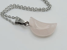 Load image into Gallery viewer, Crystal Necklace Silver Tone Moon Shaped Rose Quartz Healing Crystal