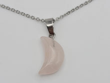 Load image into Gallery viewer, Crystal Necklace Silver Tone Moon Shaped Rose Quartz Healing Crystal