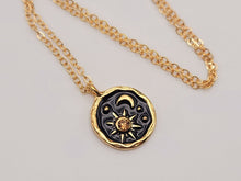Load image into Gallery viewer, Sun and Moon necklace, 18mm gold plated pewter charm, Necklace