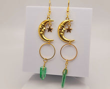 Load image into Gallery viewer, Green Celestial Aura Quartz Earrings Handmade, Moon & stars