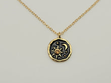 Load image into Gallery viewer, Sun and Moon necklace, 18mm gold plated pewter charm, Necklace