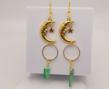 Load image into Gallery viewer, Green Celestial Aura Quartz Earrings Handmade, Moon & stars