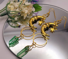 Load image into Gallery viewer, Green Celestial Aura Quartz Earrings Handmade, Moon & stars