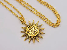 Load image into Gallery viewer, Sun and Moon necklace, 18mm gold plated pewter charm, Sun Moon soulmate, Beautiful handmade necklace