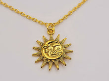 Load image into Gallery viewer, Sun and Moon necklace, 18mm gold plated pewter charm, Sun Moon soulmate, Beautiful handmade necklace