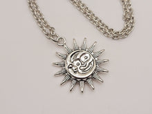 Load image into Gallery viewer, Sun and Moon necklace, 18mm gold plated pewter charm, Sun Moon soulmate, Beautiful handmade necklace
