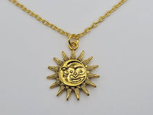 Load image into Gallery viewer, Sun and Moon necklace, 18mm gold plated pewter charm, Sun Moon soulmate, Beautiful handmade necklace