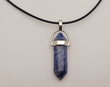 Load image into Gallery viewer, Blue Soladite Handmade Point Necklace Hexagon Chain Silver wire wrapped Leather Chain