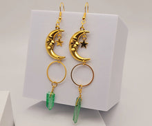 Load image into Gallery viewer, Green Celestial Aura Quartz Earrings Handmade, Moon & stars