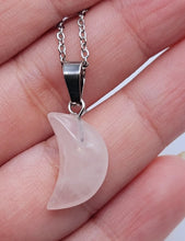 Load image into Gallery viewer, Crystal Necklace Silver Tone Moon Shaped Rose Quartz Healing Crystal
