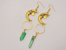 Load image into Gallery viewer, Green Celestial Aura Quartz Earrings Handmade, Moon & stars