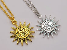Load image into Gallery viewer, Sun and Moon necklace, 18mm gold plated pewter charm, Sun Moon soulmate, Beautiful handmade necklace