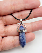 Load image into Gallery viewer, Blue Soladite Handmade Point Necklace Hexagon Chain Silver wire wrapped Leather Chain