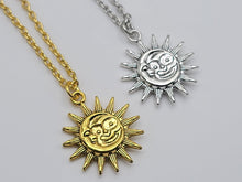 Load image into Gallery viewer, Sun and Moon necklace, 18mm gold plated pewter charm, Sun Moon soulmate, Beautiful handmade necklace