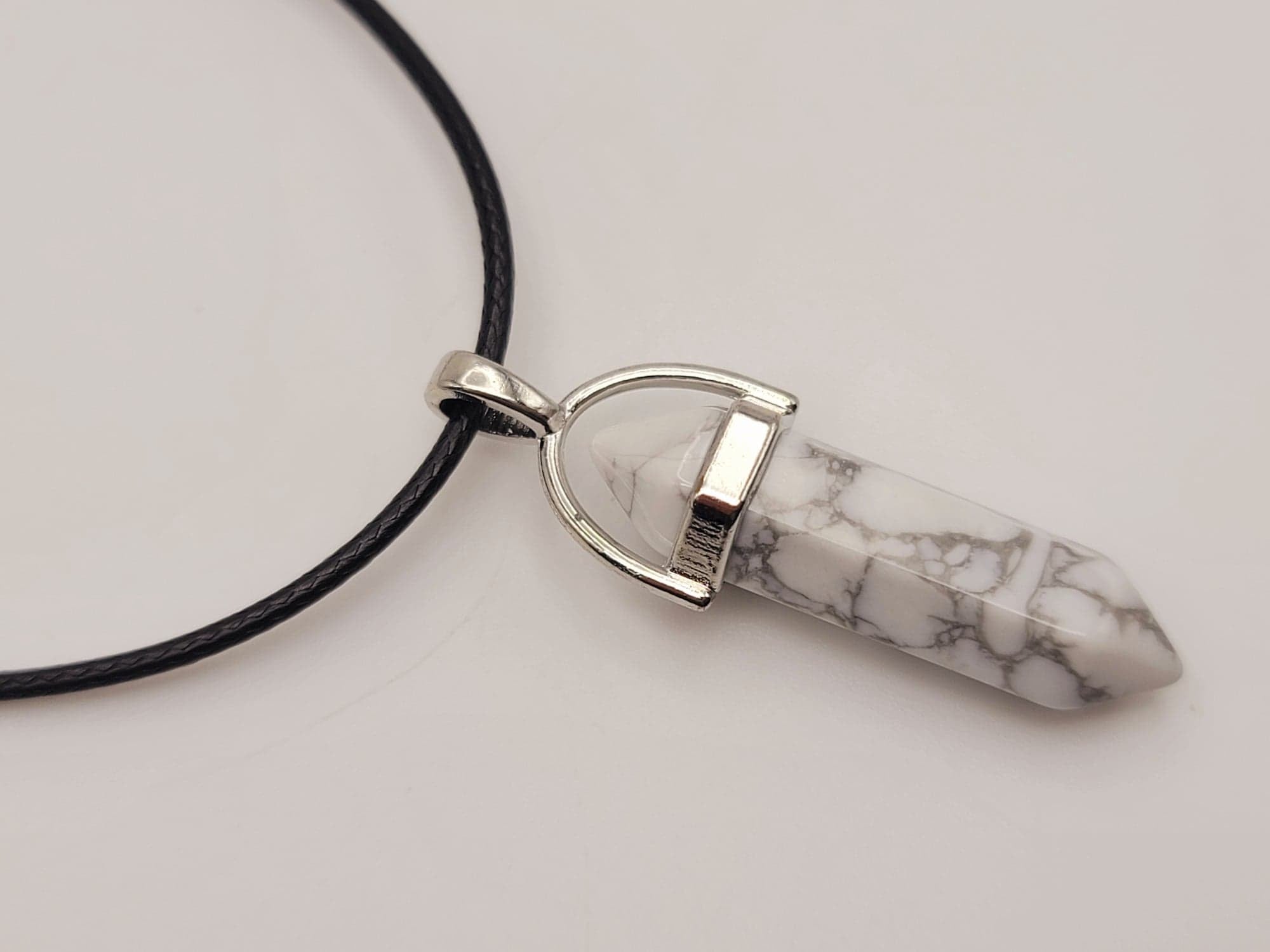 Silver Wire Wrapped Howite Healing Crystal Point Leather Necklace