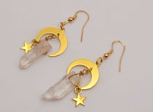 Load image into Gallery viewer, Clear Celestial Aura Quartz Earrings Handmade, Cute earrings Irregular crescent