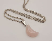 Load image into Gallery viewer, Crystal Necklace Silver Tone Moon Shaped Rose Quartz Healing Crystal