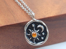 Load image into Gallery viewer, Sun and Moon necklace, 18mm gold plated pewter charm, Necklace
